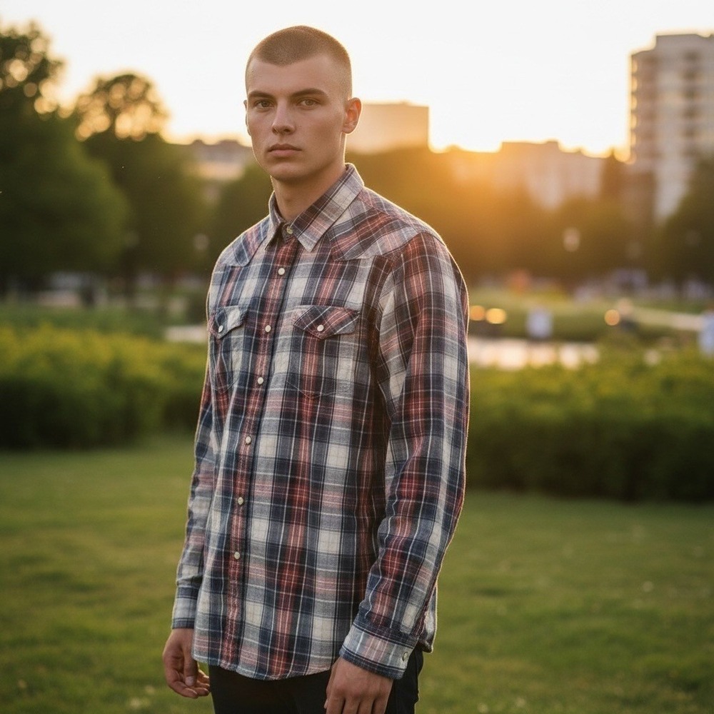H&M Button Down M Blue Red Plaid Fitted Western Snap Rugged Americana Cowboy